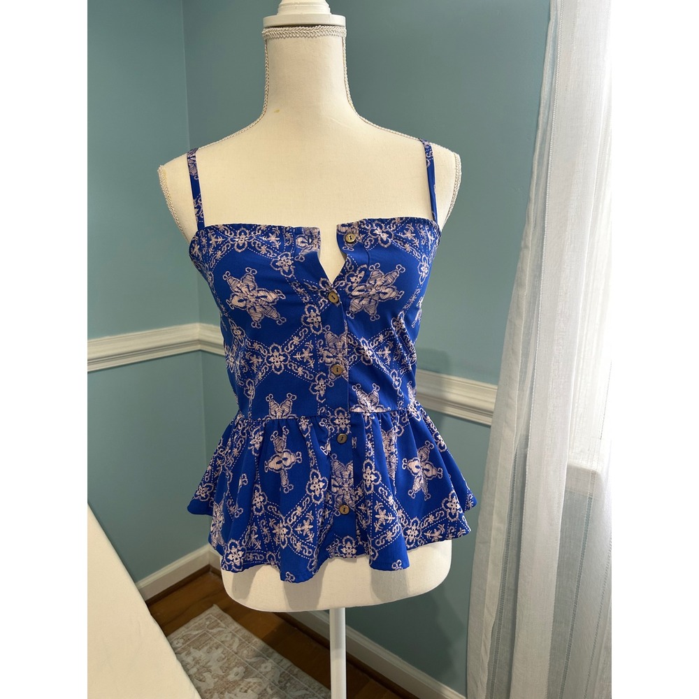 B. Jewel Blue Damask Print Peplum Cami Top Button Front XS T10158